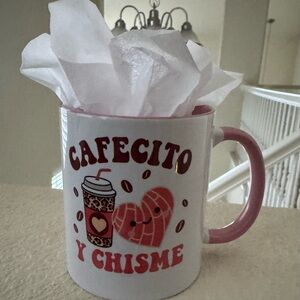 Cafecito Y Chisme 11 oz Mug with Pink Handle